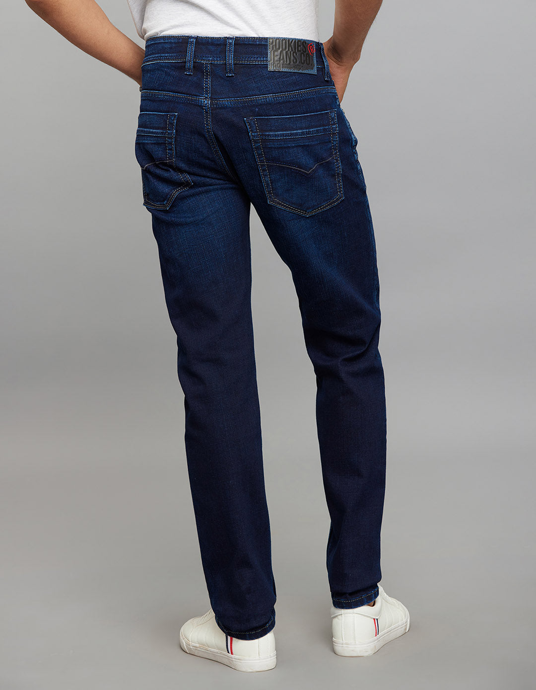 Dark Blue 5 Pocket Mid-Rise Slim Straight Fit Stretch Jeans