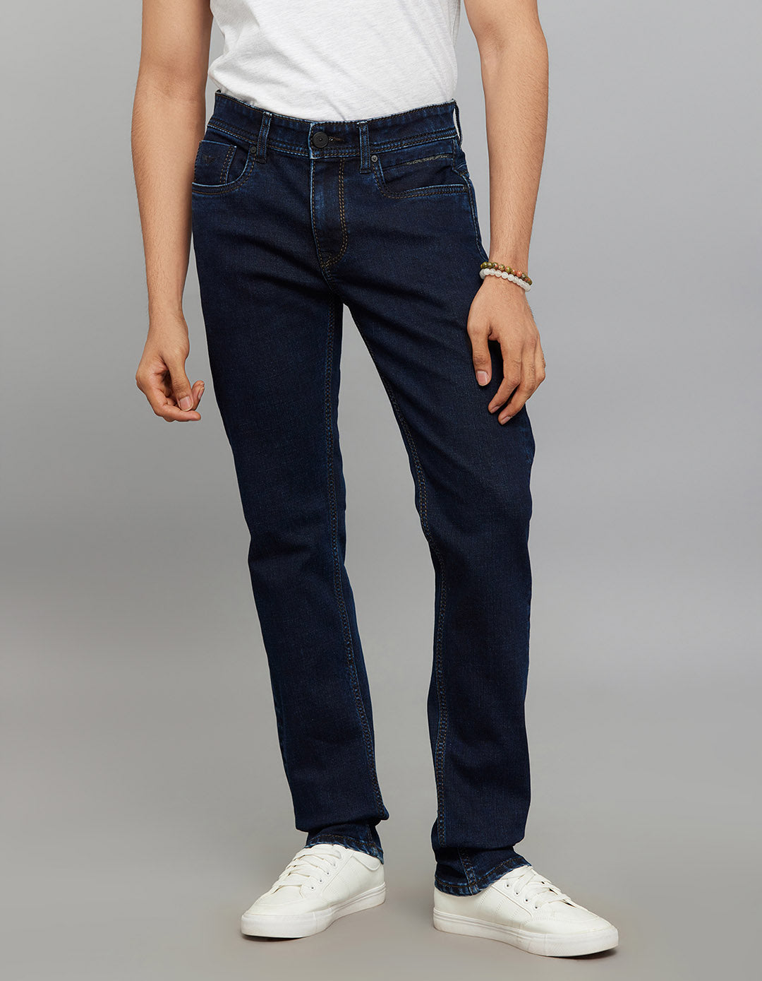 Dark Blue 5 Pocket Mid-Rise Slim Straight Fit Stretch Jeans