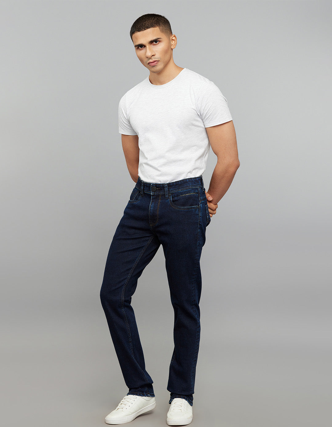 Dark Blue 5 Pocket Mid-Rise Slim Straight Fit Stretch Jeans