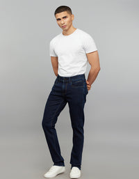 Dark Blue 5 Pocket Mid-Rise Slim Straight Fit Stretch Jeans