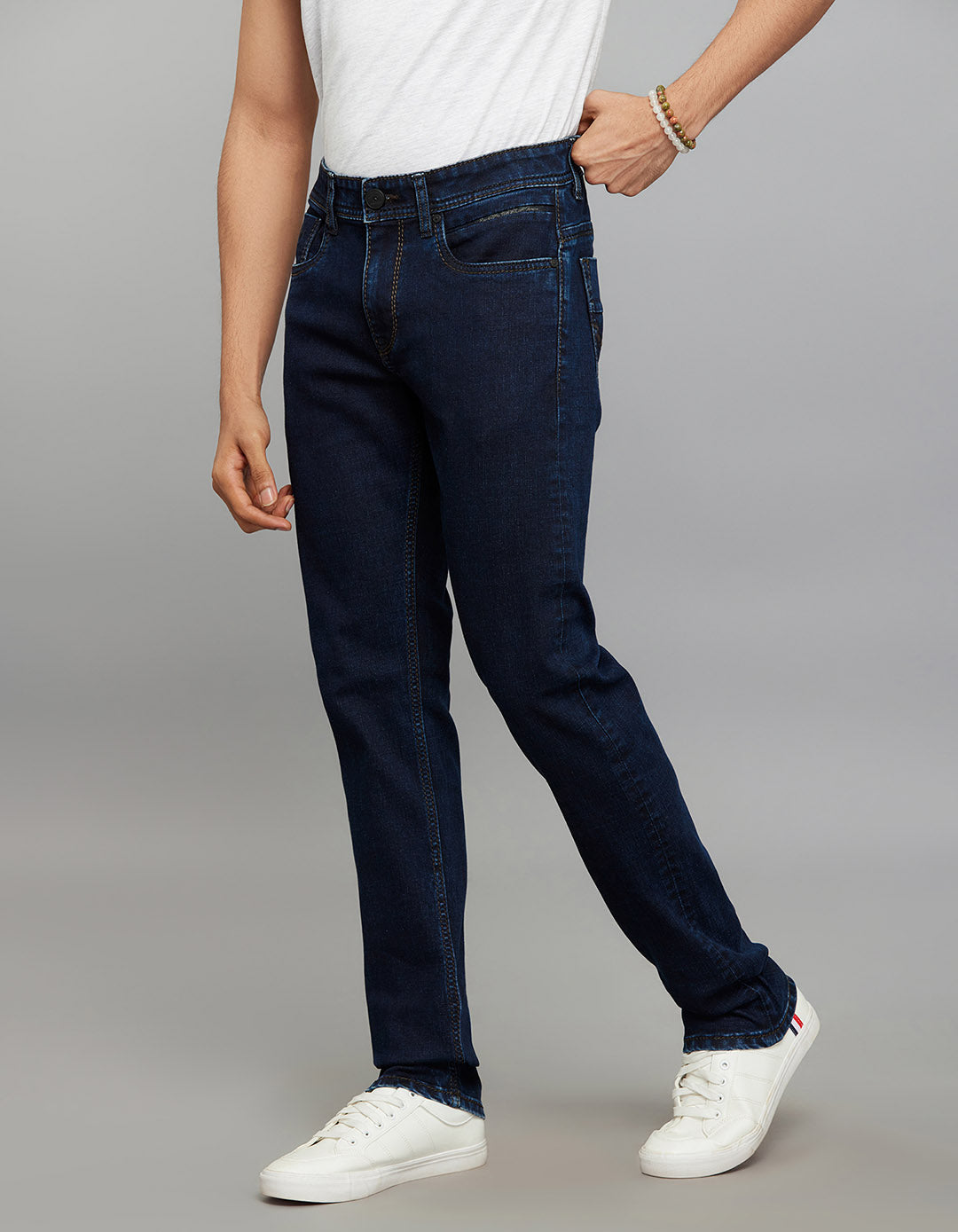 Dark Blue 5 Pocket Mid-Rise Slim Straight Fit Stretch Jeans