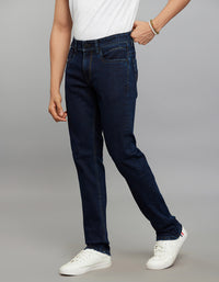 Dark Blue 5 Pocket Mid-Rise Slim Straight Fit Stretch Jeans
