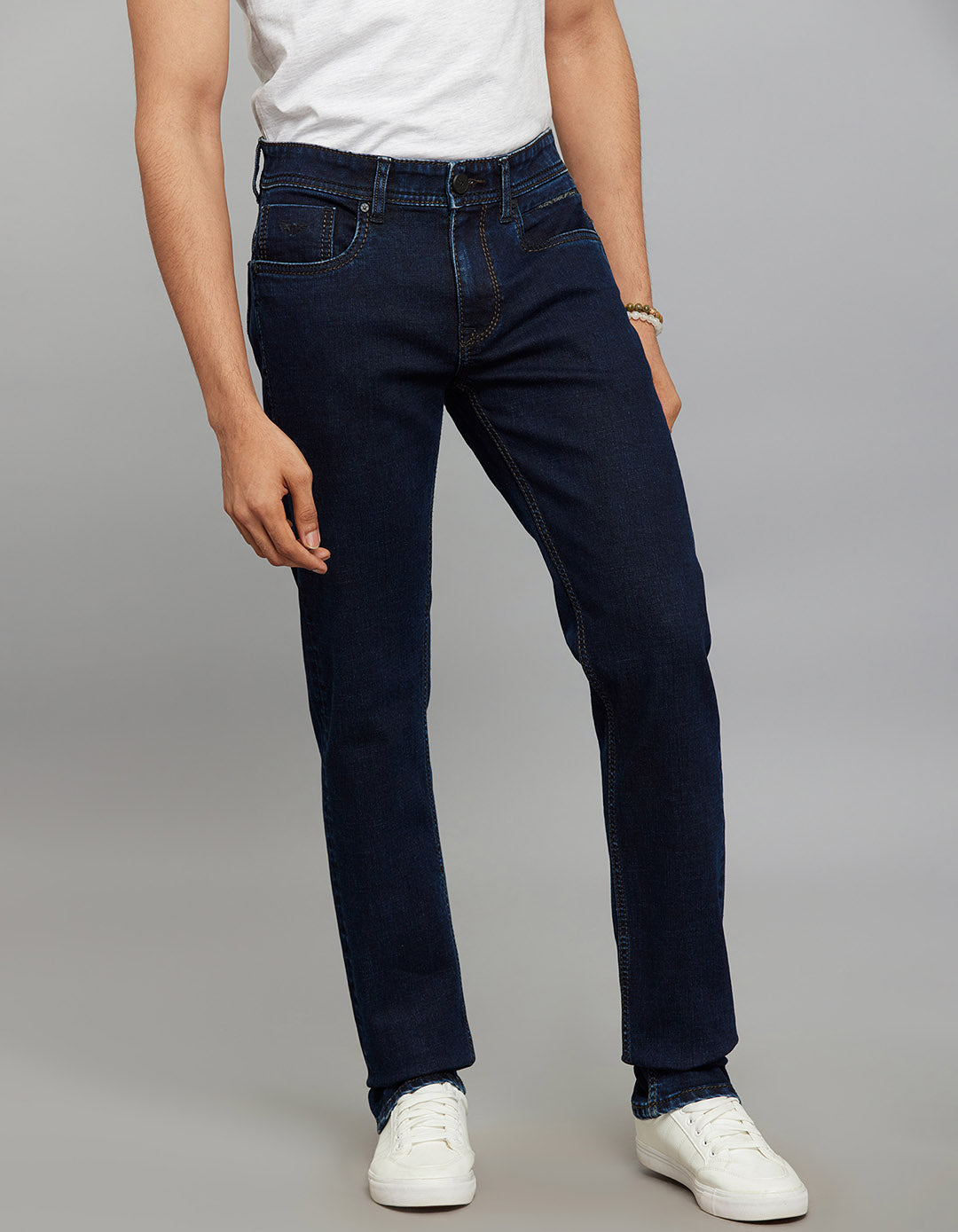 Dark Blue 5 Pocket Mid-Rise Slim Straight Fit Stretch Jeans