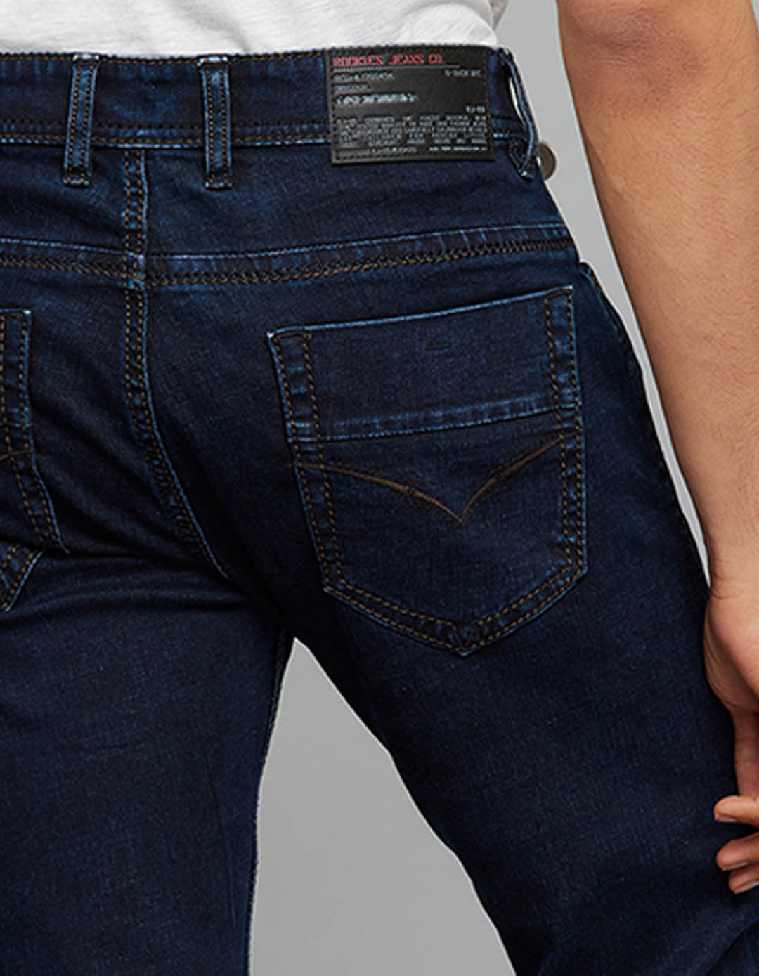 Dark Blue 5 Pocket Mid-Rise Slim Straight Fit Stretch Jeans
