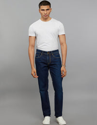 Dark Blue 5 Pocket Mid-Rise Slim Straight Fit Stretch Jeans