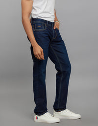 Dark Blue 5 Pocket Mid-Rise Slim Straight Fit Stretch Jeans