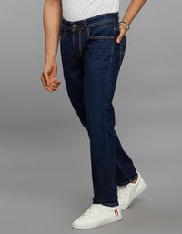 Dark Blue 5 Pocket Mid-Rise Slim Straight Fit Stretch Jeans