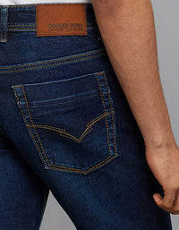 Dark Blue 5 Pocket Mid-Rise Slim Straight Fit Stretch Jeans