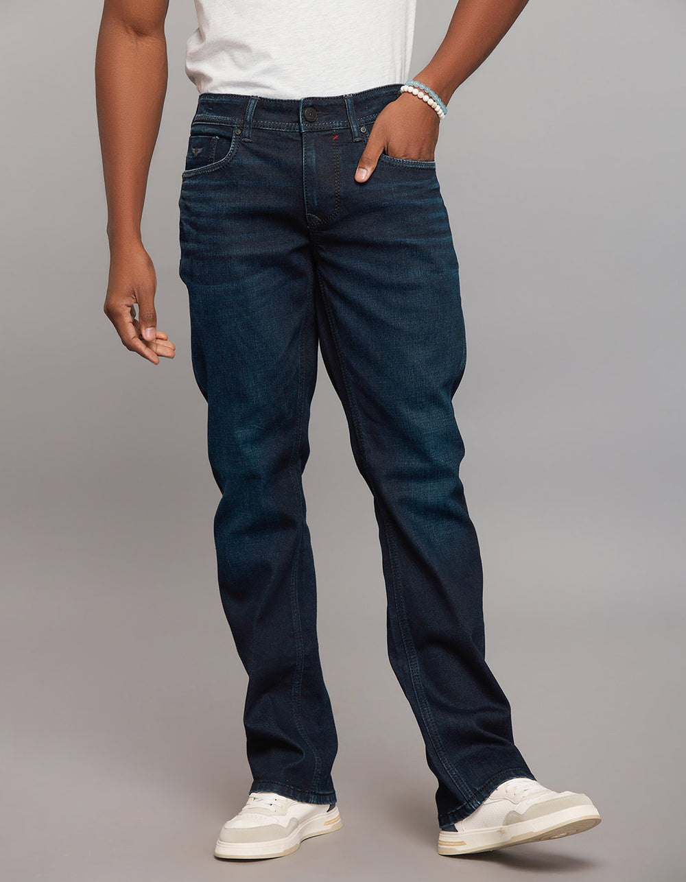 Dark Blue 5 Pocket Mid Rise Loose Boot Leg Stretch Jeans