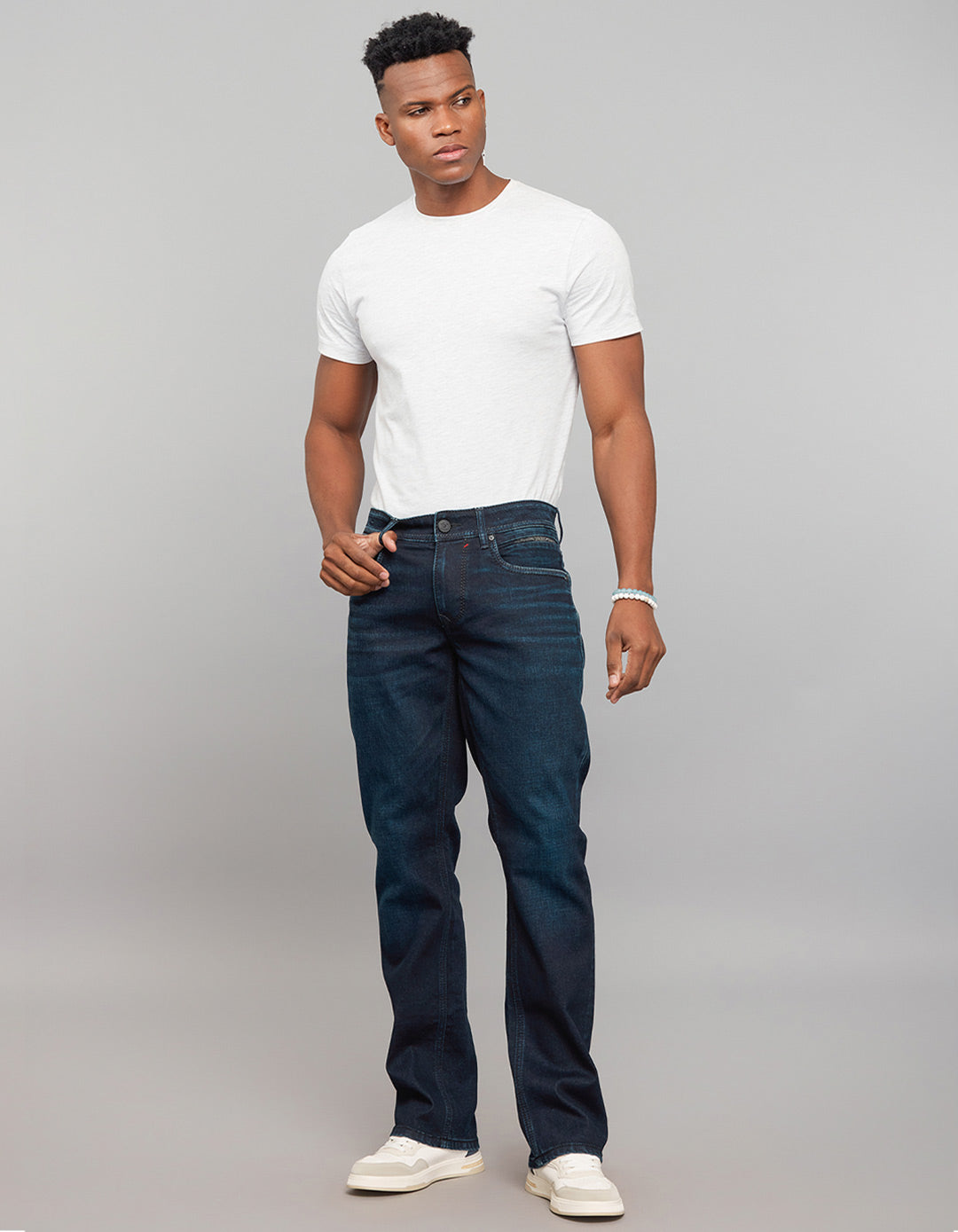 Dark Blue 5 Pocket Mid Rise Loose Boot Leg Stretch Jeans