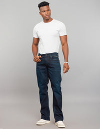 Dark Blue 5 Pocket Mid Rise Loose Boot Leg Stretch Jeans
