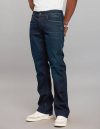 Dark Blue 5 Pocket Mid Rise Loose Boot Leg Stretch Jeans