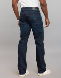 Dark Blue 5 Pocket Mid Rise Loose Boot Leg Stretch Jeans