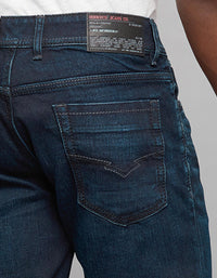 Dark Blue 5 Pocket Mid Rise Loose Boot Leg Stretch Jeans