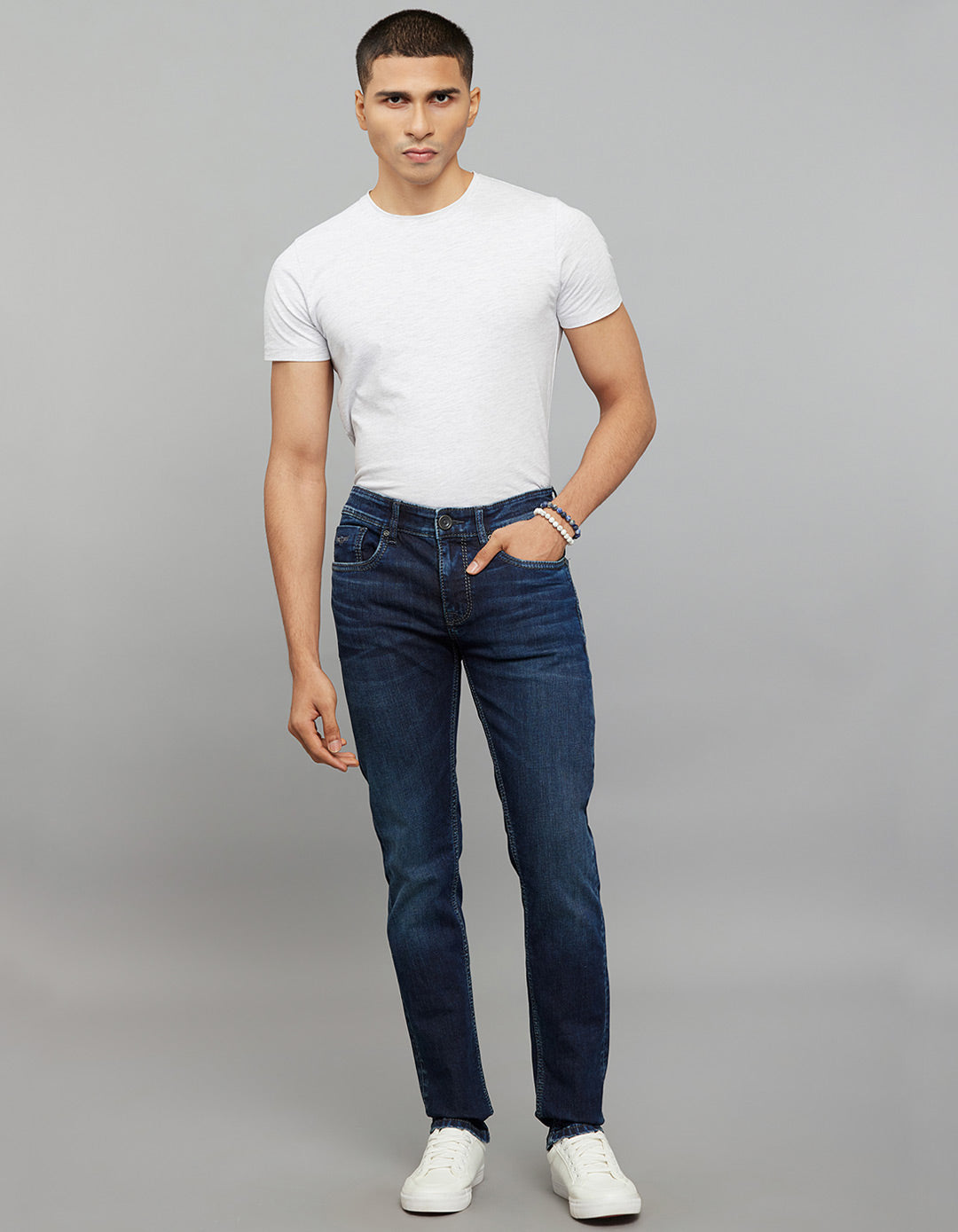 Dark Blue 5 Pocket Mid-Rise Slim Straight Fit Stretch Jeans