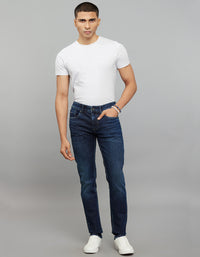 Dark Blue 5 Pocket Mid-Rise Slim Straight Fit Stretch Jeans