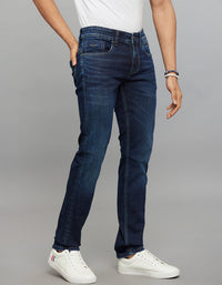 Dark Blue 5 Pocket Mid-Rise Slim Straight Fit Stretch Jeans