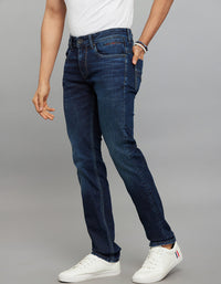 Dark Blue 5 Pocket Mid-Rise Slim Straight Fit Stretch Jeans