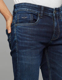 Dark Blue 5 Pocket Mid-Rise Slim Straight Fit Stretch Jeans