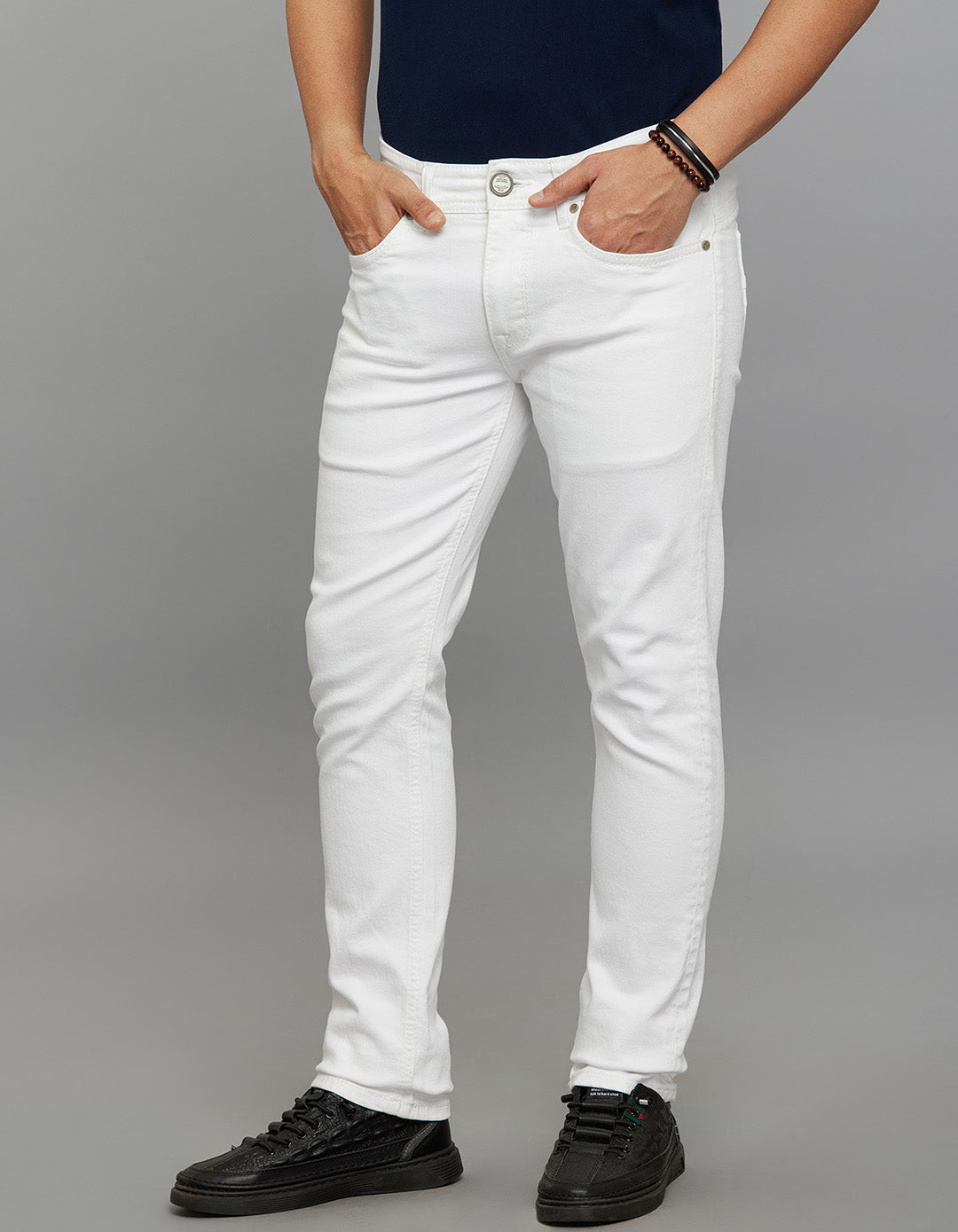 White 5 Pocket Mid-Rise Slim Straight Fit Stretch Jeans