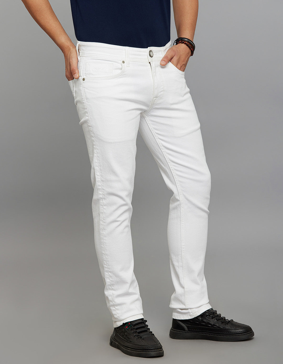 White 5 Pocket Mid-Rise Slim Straight Fit Stretch Jeans