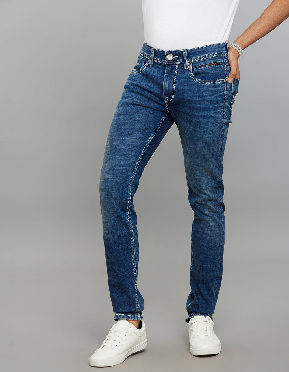 Medium Blue 5 Pocket Mid-Rise Slim Straight Fit Stretch Jeans