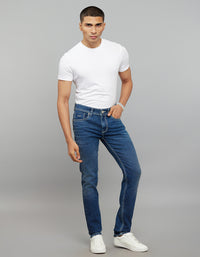 Medium Blue 5 Pocket Mid-Rise Slim Straight Fit Stretch Jeans