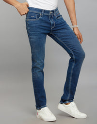 Medium Blue 5 Pocket Mid-Rise Slim Straight Fit Stretch Jeans