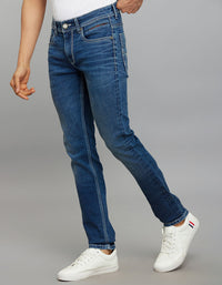 Medium Blue 5 Pocket Mid-Rise Slim Straight Fit Stretch Jeans