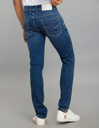 Medium Blue 5 Pocket Mid-Rise Slim Straight Fit Stretch Jeans