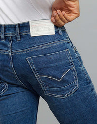 Medium Blue 5 Pocket Mid-Rise Slim Straight Fit Stretch Jeans