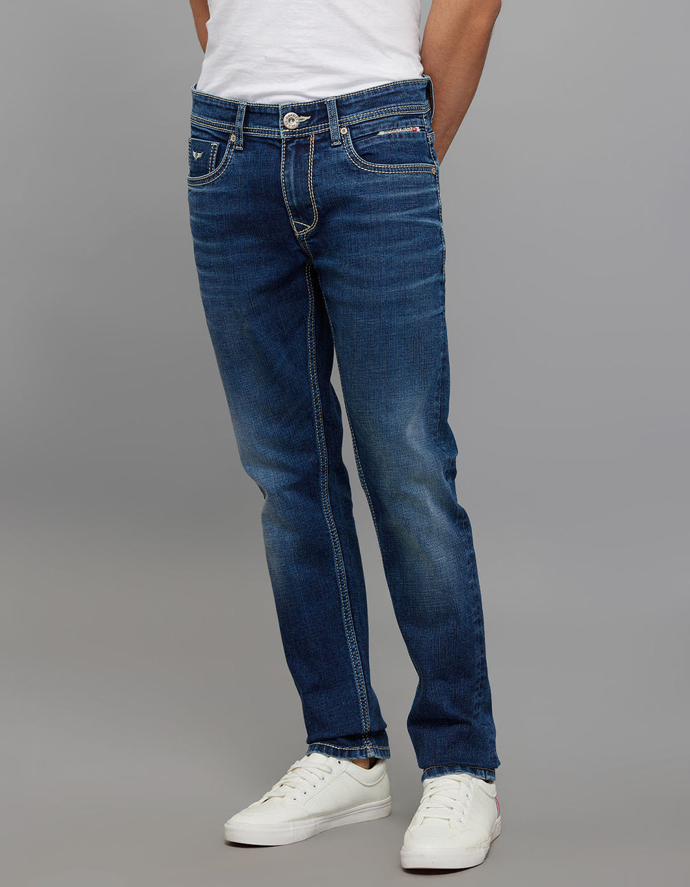 Medium Blue 5 Pocket Mid-Rise Slim Straight Fit Stretch Jeans