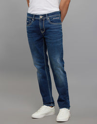 Medium Blue 5 Pocket Mid-Rise Slim Straight Fit Stretch Jeans