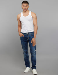 Medium Blue 5 Pocket Mid-Rise Slim Straight Fit Stretch Jeans