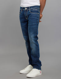 Medium Blue 5 Pocket Mid-Rise Slim Straight Fit Stretch Jeans