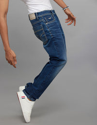 Medium Blue 5 Pocket Mid-Rise Slim Straight Fit Stretch Jeans