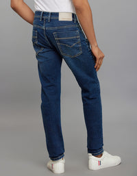 Medium Blue 5 Pocket Mid-Rise Slim Straight Fit Stretch Jeans