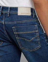 Medium Blue 5 Pocket Mid-Rise Slim Straight Fit Stretch Jeans