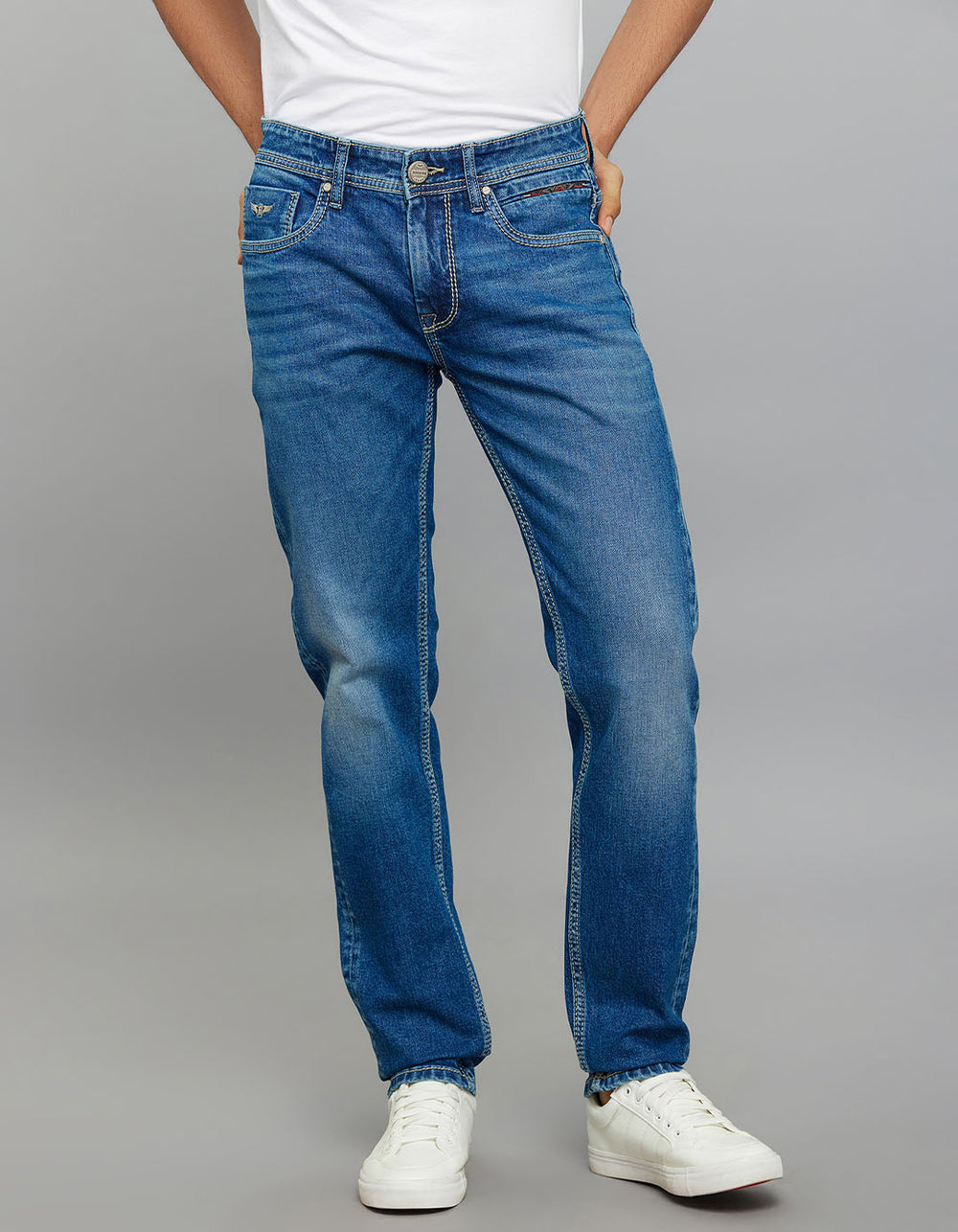 Medium Blue 5 Pocket Mid-Rise Slim Straight Fit Classic Stretch Jeans