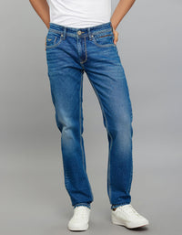 Medium Blue 5 Pocket Mid-Rise Slim Straight Fit Classic Stretch Jeans