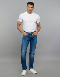 Medium Blue 5 Pocket Mid-Rise Slim Straight Fit Classic Stretch Jeans