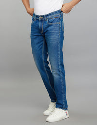 Medium Blue 5 Pocket Mid-Rise Slim Straight Fit Classic Stretch Jeans