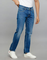Medium Blue 5 Pocket Mid-Rise Slim Straight Fit Classic Stretch Jeans
