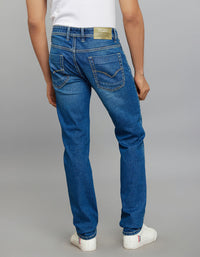 Medium Blue 5 Pocket Mid-Rise Slim Straight Fit Classic Stretch Jeans