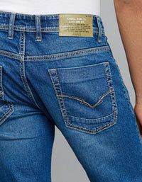 Medium Blue 5 Pocket Mid-Rise Slim Straight Fit Classic Stretch Jeans