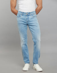 Light Blue 5 Pocket Mid-Rise Slim Straight Fit Stretch Jeans