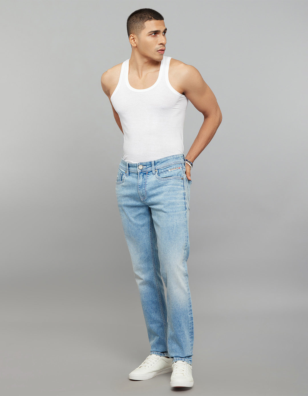 Light Blue 5 Pocket Mid-Rise Slim Straight Fit Stretch Jeans