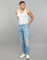 Light Blue 5 Pocket Mid-Rise Slim Straight Fit Stretch Jeans