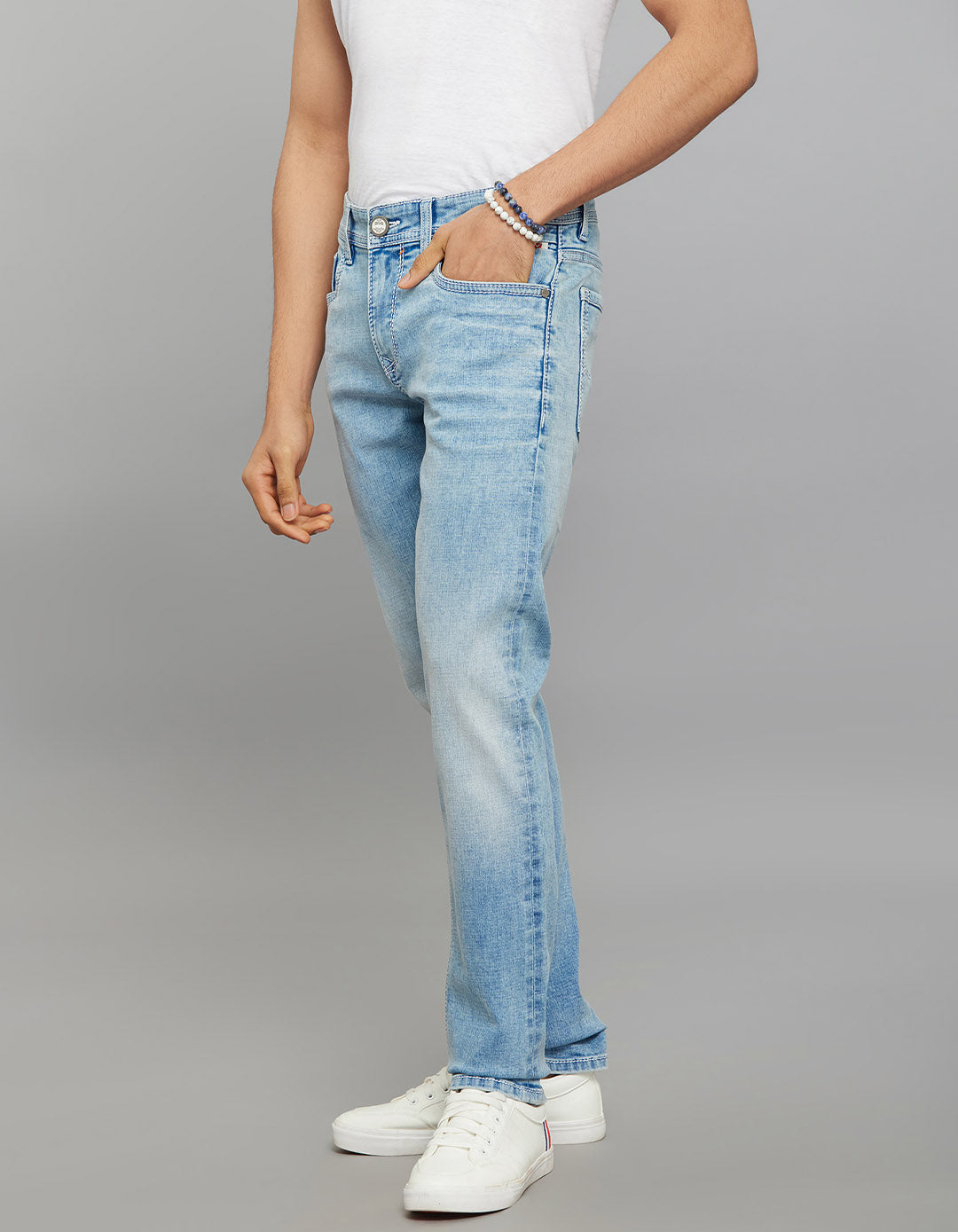 Light Blue 5 Pocket Mid-Rise Slim Straight Fit Stretch Jeans
