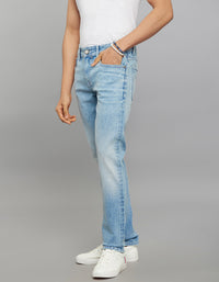 Light Blue 5 Pocket Mid-Rise Slim Straight Fit Stretch Jeans